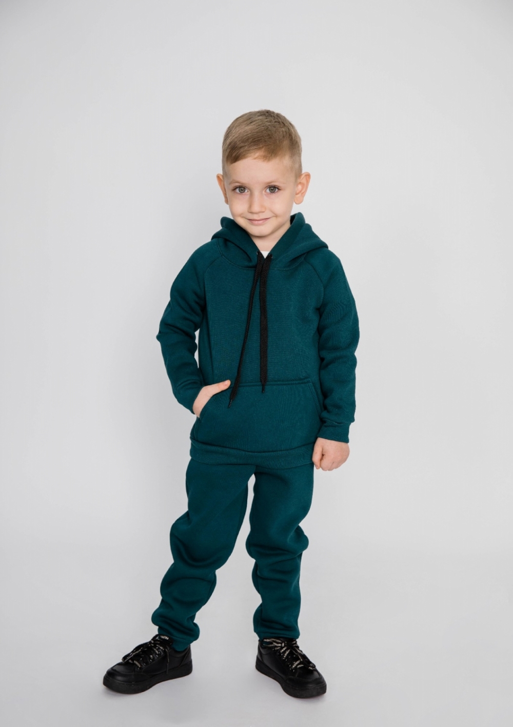 296-И. Свитшот с капюшоном + Штаны, хлопок 65%, 35% ПЭ, 3-х нитка (начес) изумрудный 122,128,134,140