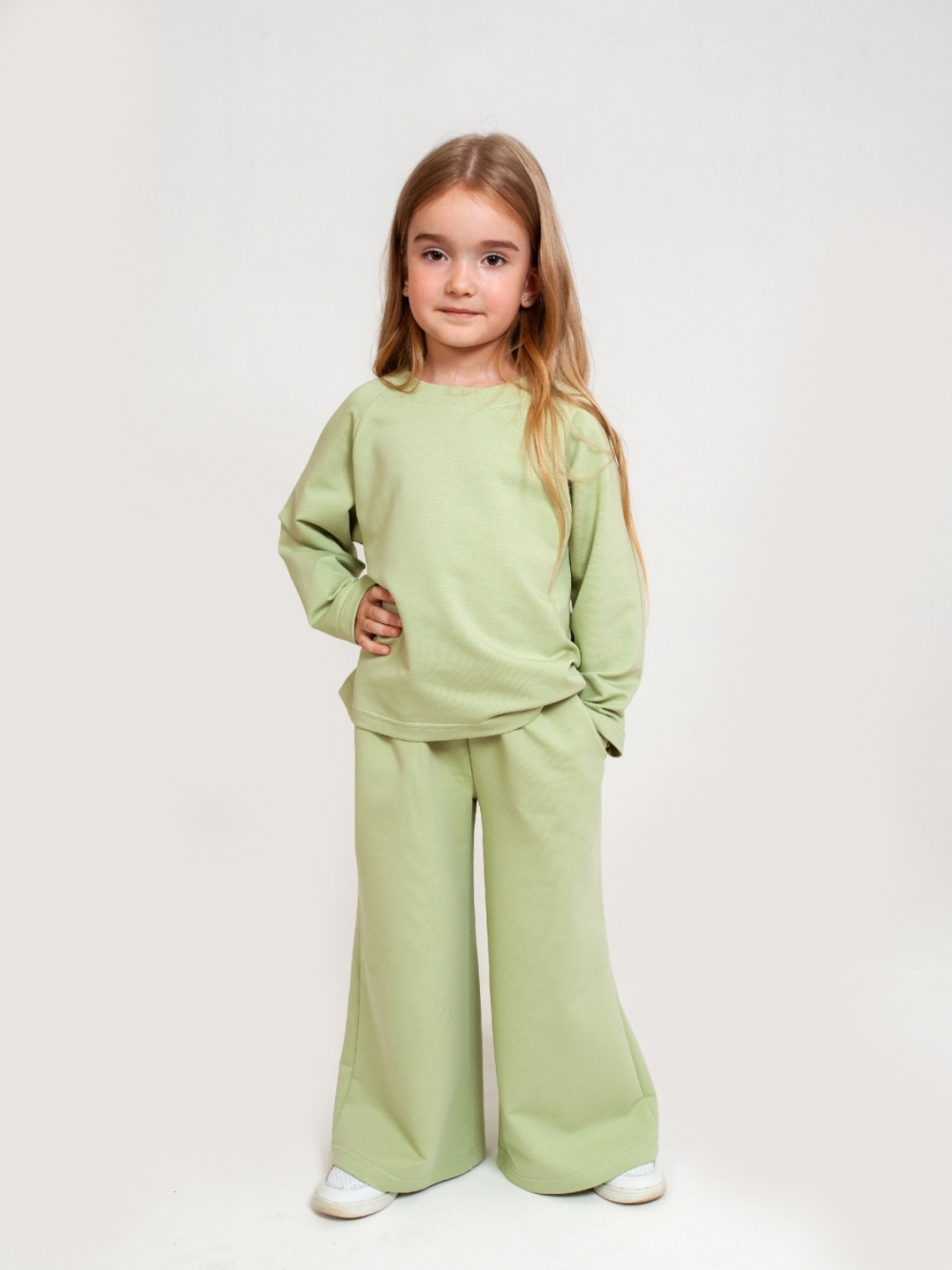 323-ФС. Костюм детский Палаццо, фисташка, хлопок 70%, 25% ПЭ, 5% лайкра, футер 2-х нитка без начеса, размеры 86,92,98,104,110,116