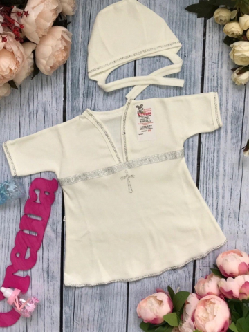 169. Крестильная рубашка с чепчиком (серебро), хлопок 100 % интерлок 62,68,74,80