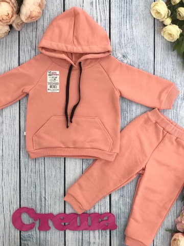 Купить оптом 311-ПР. Свитшот с капюшоном + Штаны, хлопок 65%, 35% ПЭ, 3-х нитка ( без начеса) персик 80,86,92 в Химках