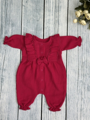 Купить оптом 337-Ф. Комбинезон с бантом для девочки из муслина, хлопок 100%, размеры 56,62,68, фуксия в Химках
